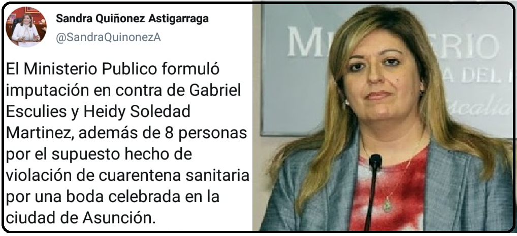En su cuenta de twitter, Sandra Quiñónez dio la noticia de la imputación a la pareja Esculies-Martínez.