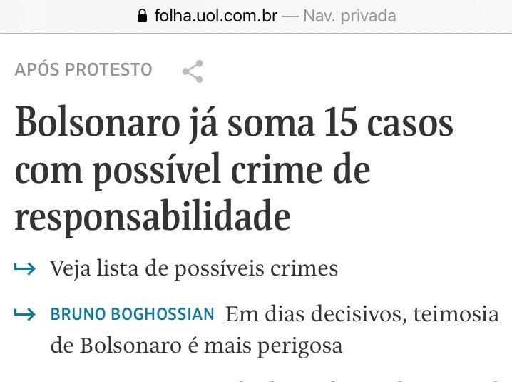 Según Folha de San Pablo, Bolsonaro ya suma 15 casos de posible crimen de responsabilidad.
